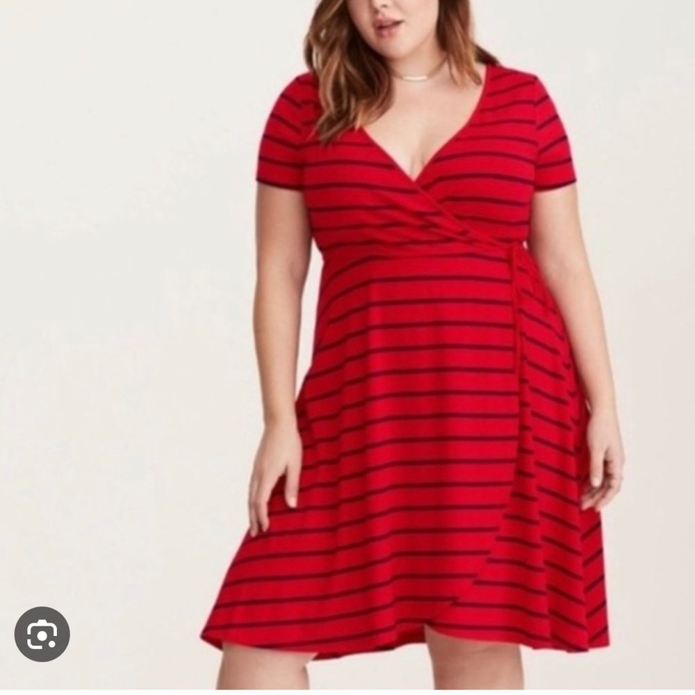 torrid womens knee kength red & blue stripped a line dress